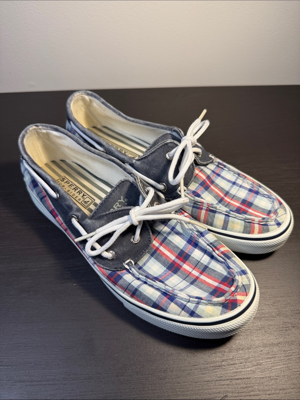 Red, White, and Blue Striped Sperry Shoes, Size 8